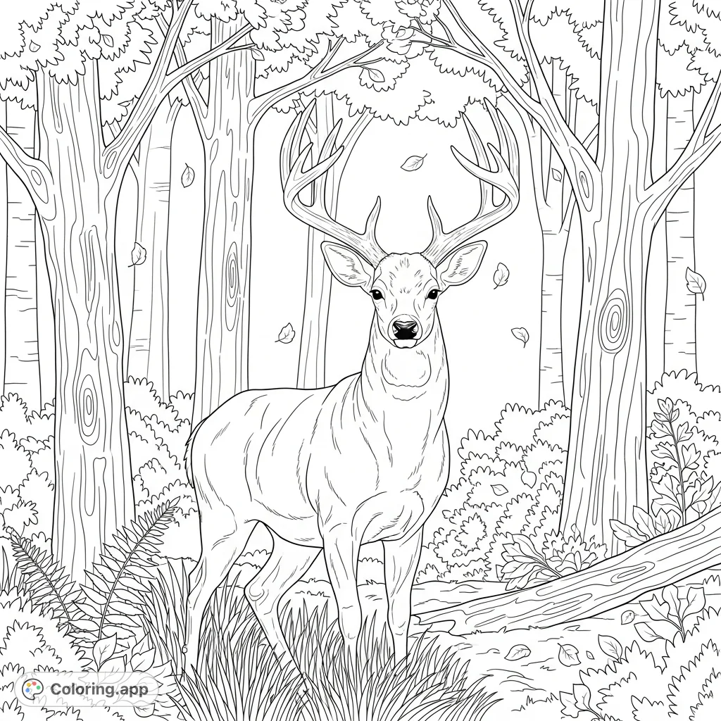 Capture the essence of the wilderness with this detailed buck coloring page, featuring a powerful deer amidst a lush forest landscape. Perfect for nature lovers!
