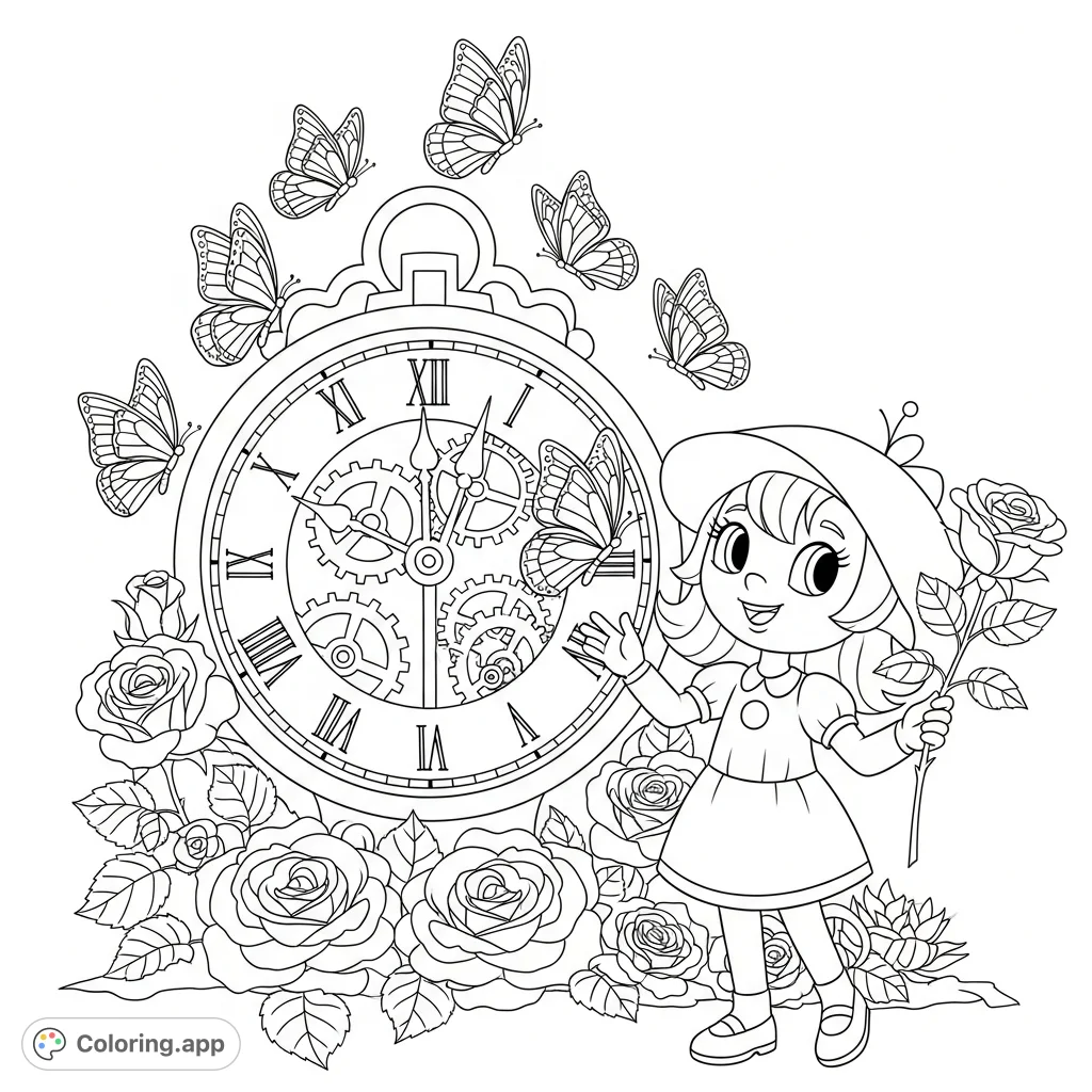 Join Rae Rae and a grand time clock amidst enchanting butterflies and blooming roses. A delightful free printable coloring page for all ages.