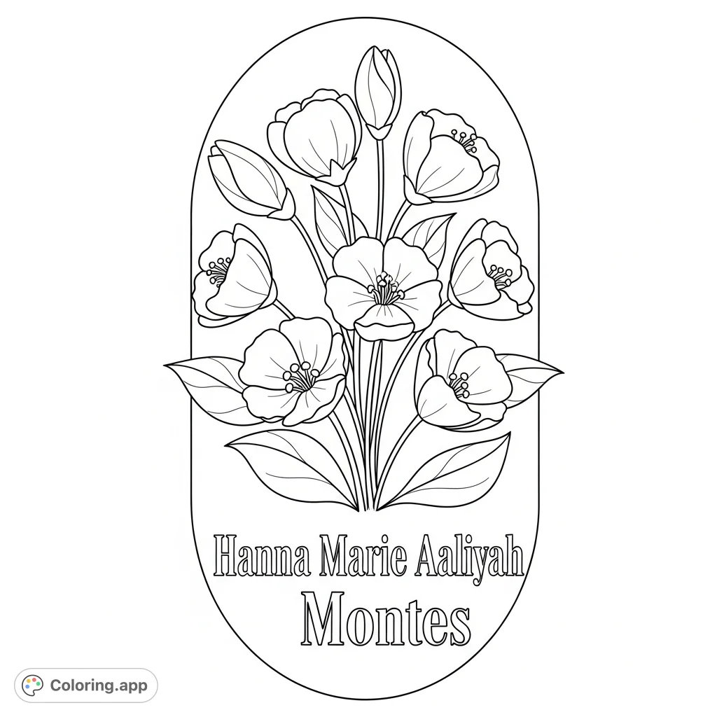 A charming personalized floral coloring page featuring simple flowers and the name Hanna Marie Aaliyah Montes, perfect for a thoughtful, creative gift.