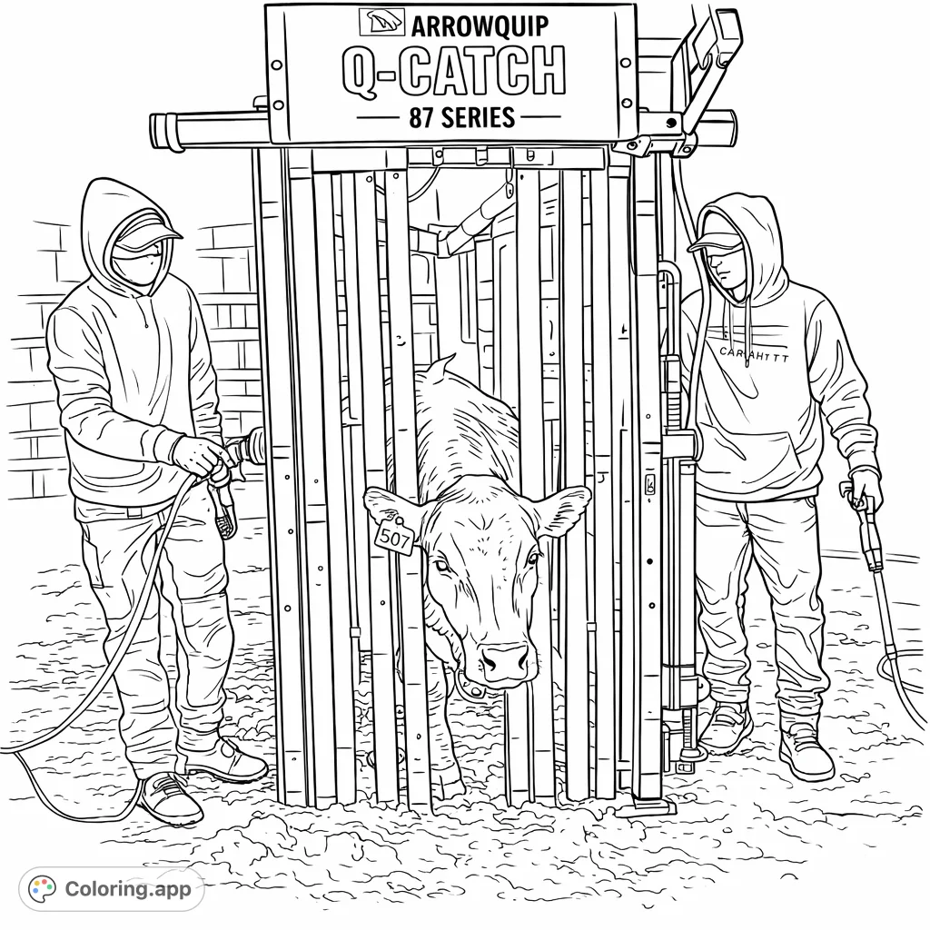 Capture a realistic ranch scene with a calf in a detailed cattle chute, flanked by two workers. An engaging agricultural coloring page.
