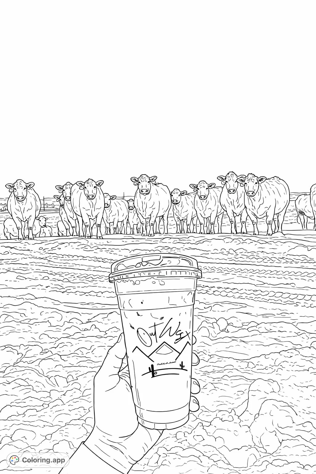 Discover a unique snowy scene with a hand holding a beverage cup and a curious herd of cows in the background. A delightful winter farm animal coloring page.