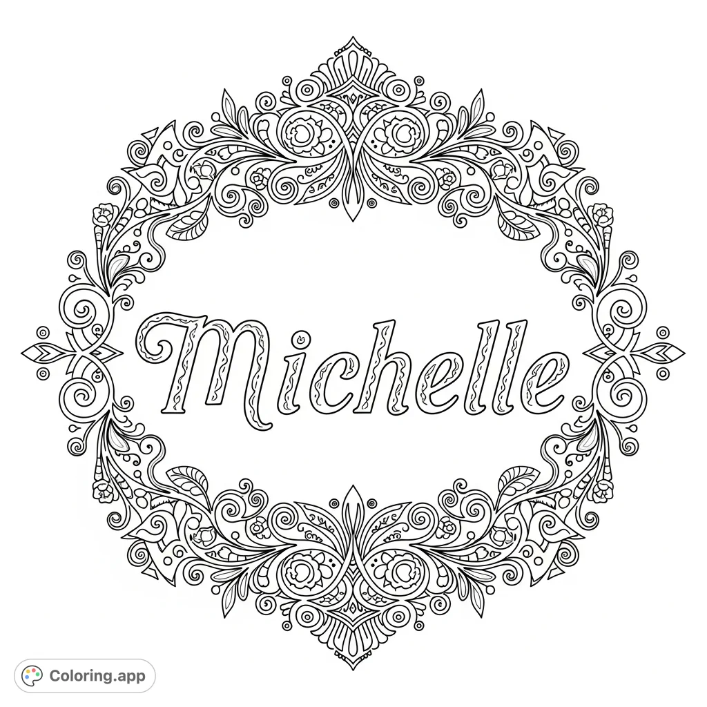 A beautiful 'Michelle' name coloring page adorned with intricate floral patterns and elegant scrollwork. Perfect for personalization and creative expression.