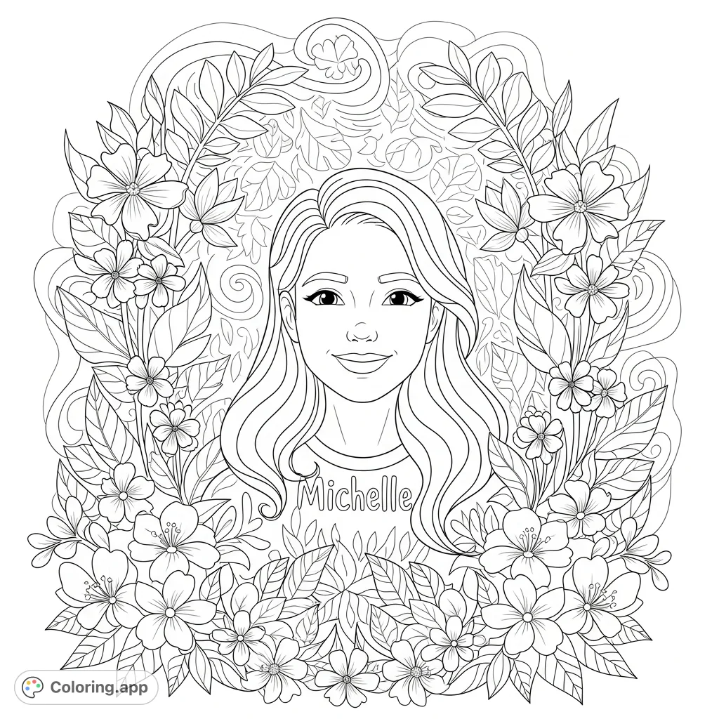 A delightful coloring page featuring Michelle surrounded by a beautiful assortment of blooming flowers, perfect for creative relaxation.