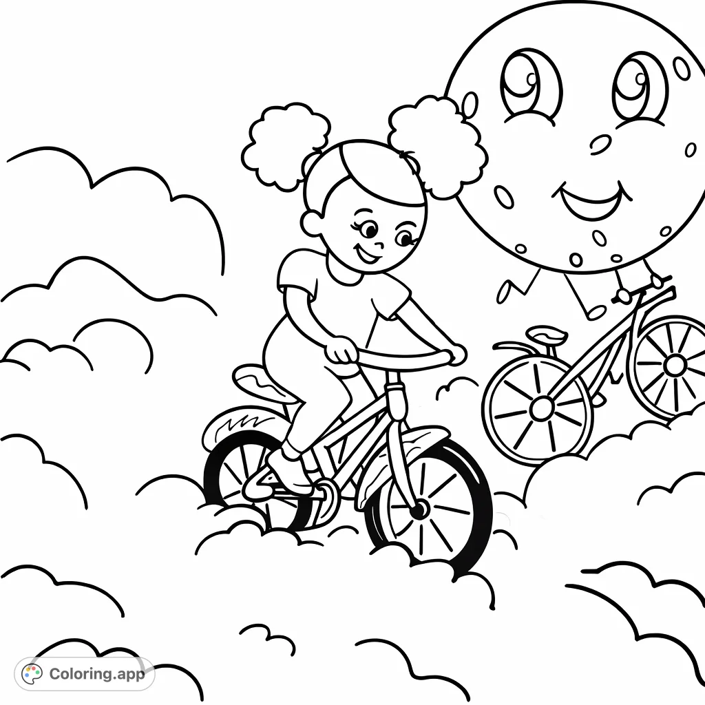 A whimsical scene of a cheerful girl with pigtails and a smiling moon, both cycling through fluffy clouds. A delightful sky adventure for young dreamers.