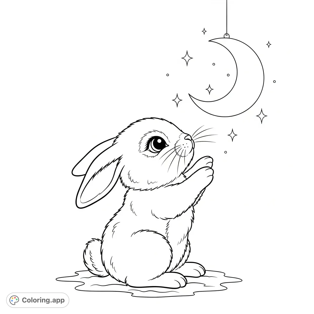A charming bunny with large, expressive eyes sits and reaches for a whimsical crescent moon, surrounded by a starry sky. A heartwarming, detailed coloring page.