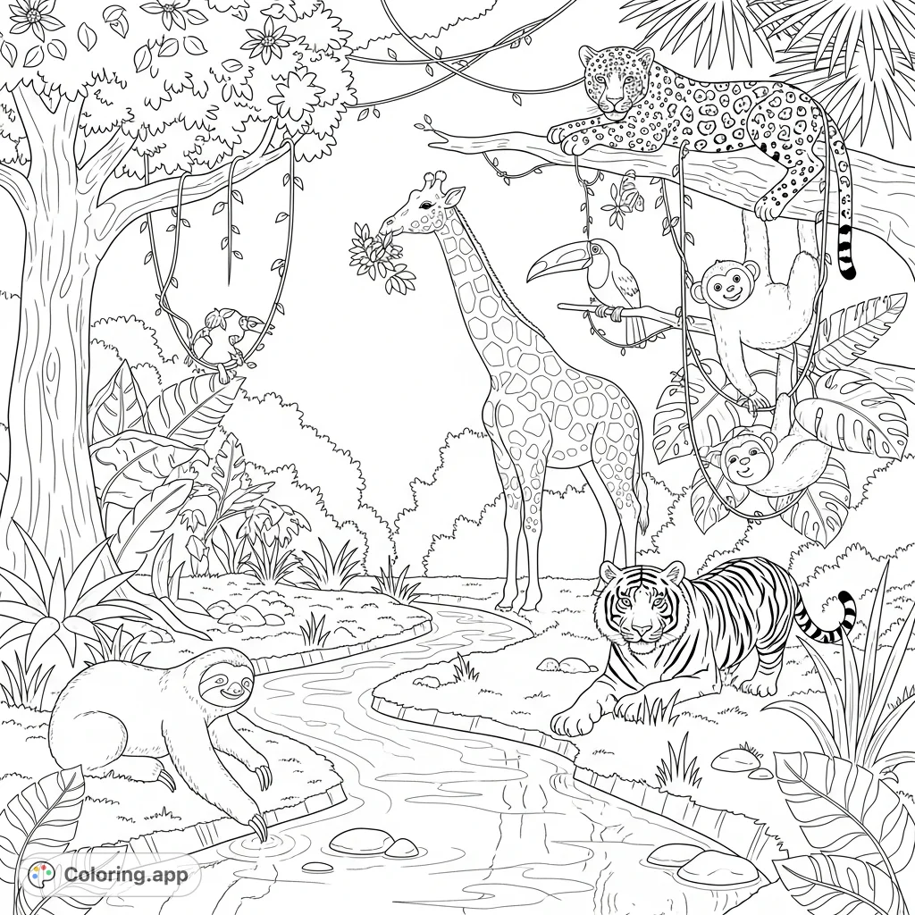 Explore a rich jungle habitat featuring a winding stream, a tiger, giraffes, sloths, a jaguar, a toucan, and a monkey in their natural environment.