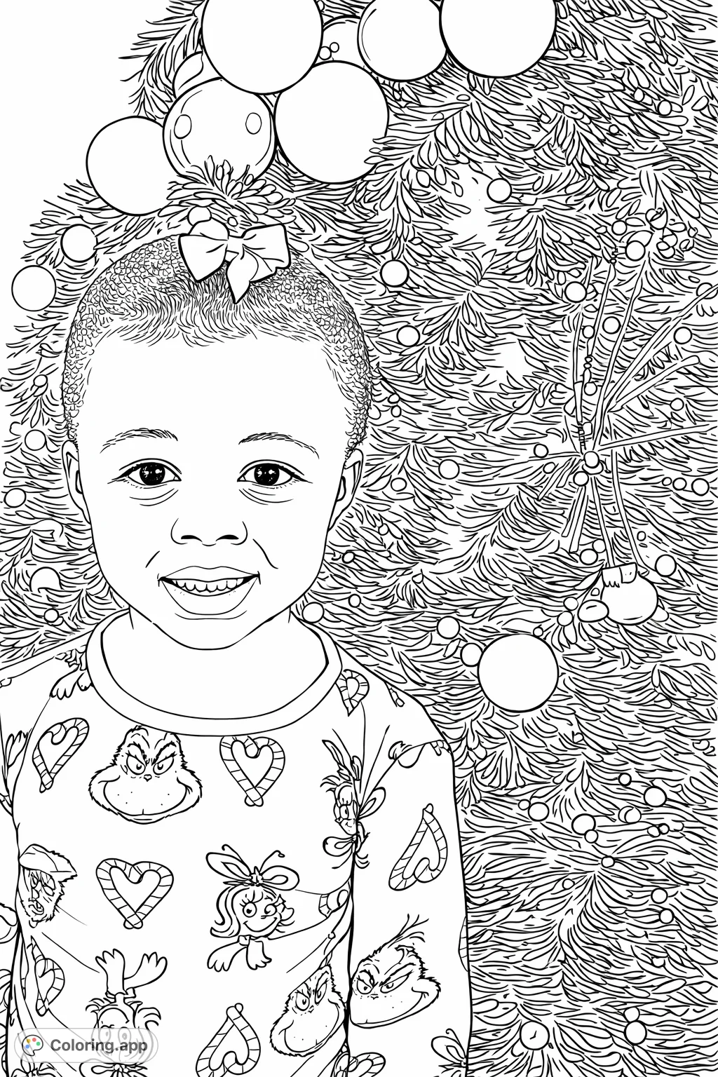 Capture the joy of the holidays! A charming child in a festive patterned top smiles brightly before a beautifully decorated tree, ready for your creative touch.