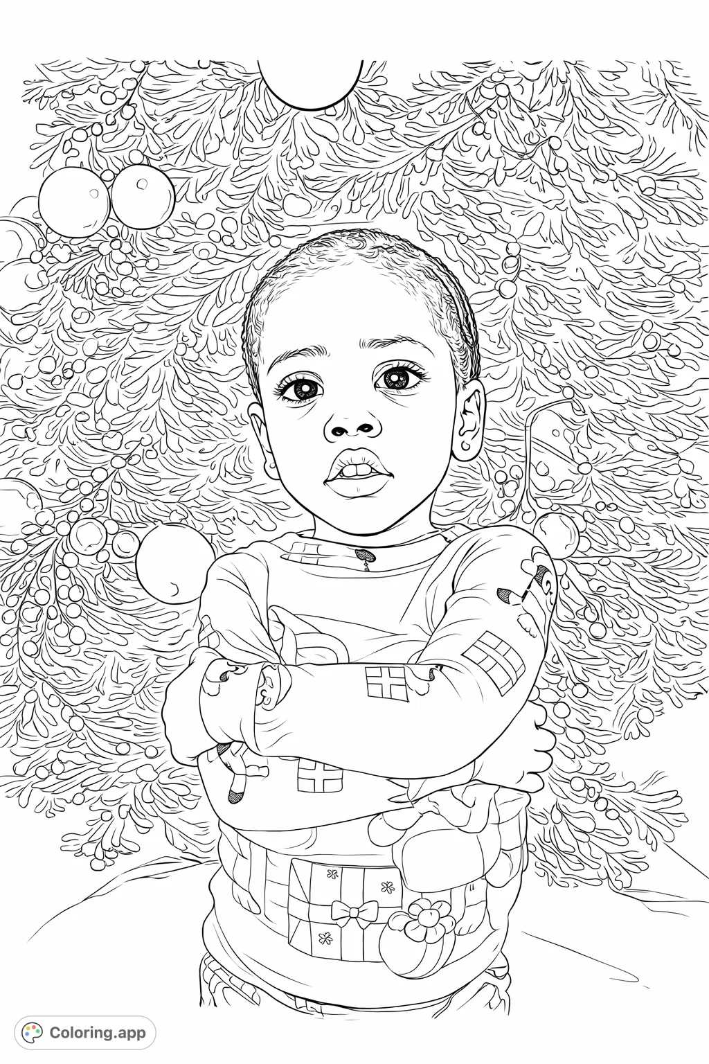 A charming child in festive pajamas stands proudly before a decorated holiday tree, ready for creative coloring. Perfect for seasonal joy!
