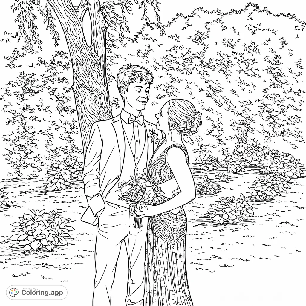Capture a special moment with this formal couple in a serene garden. Perfect for teens and adults who enjoy fashion and romantic scenes.