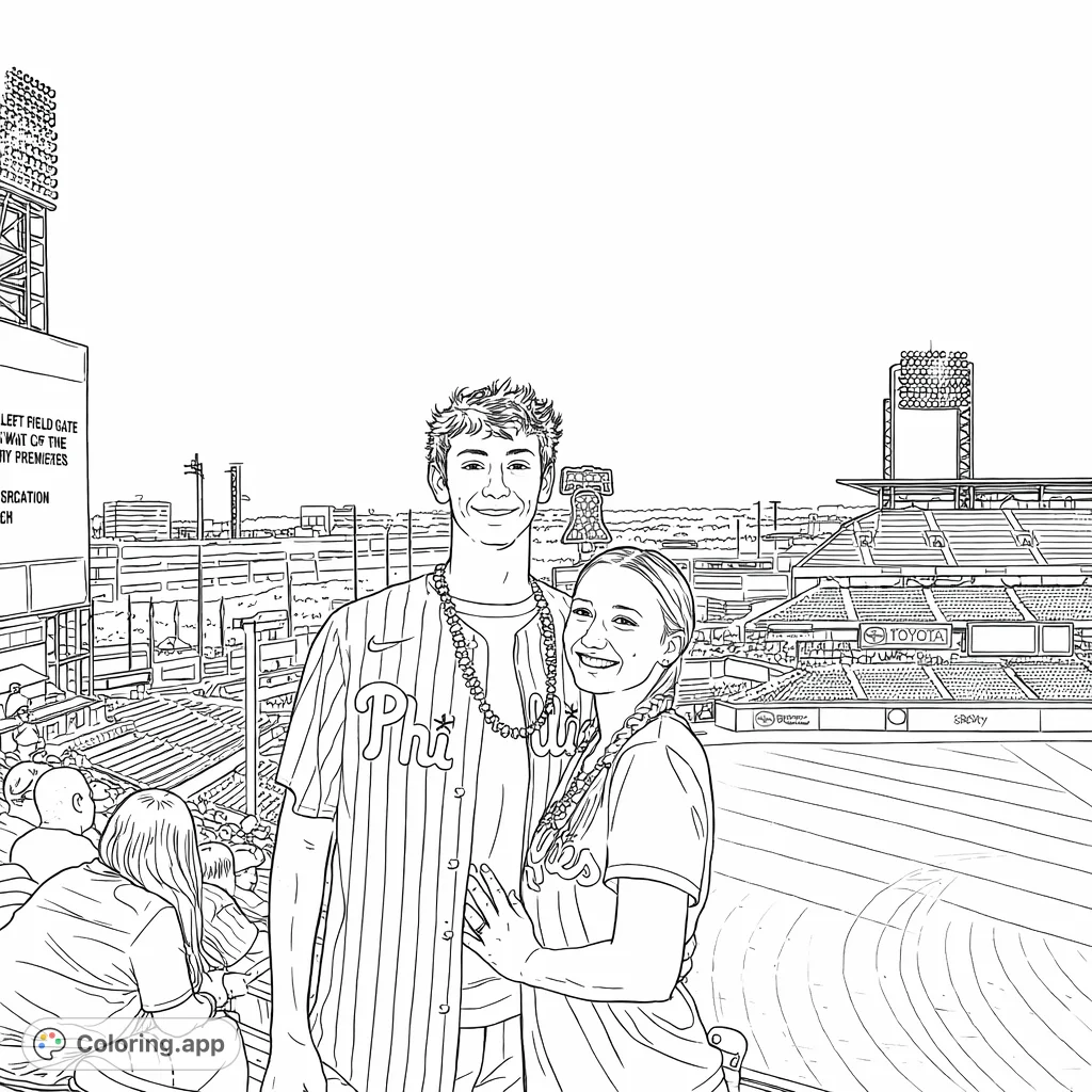 Experience the excitement of a night game with this baseball stadium coloring page featuring a happy couple. Perfect for sports fans to personalize.