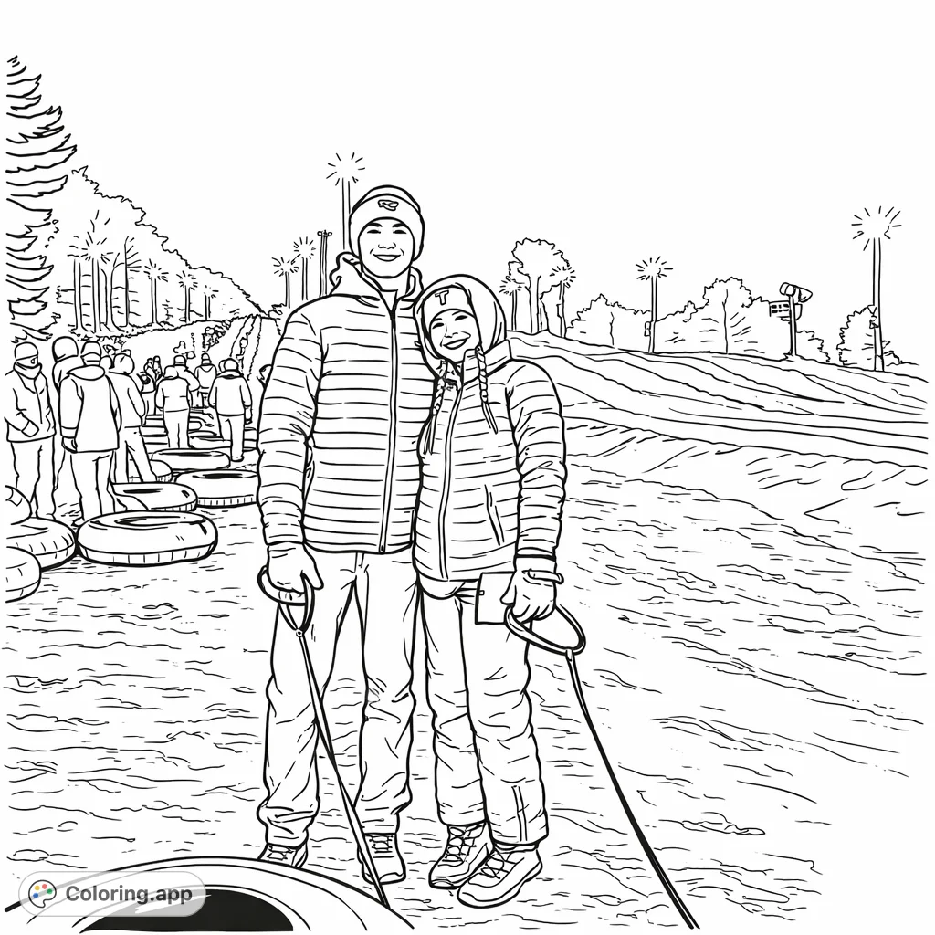 Capture the excitement of a night snow tubing adventure! This fun winter scene features two friends ready for a thrilling ride, surrounded by snowy slopes and bright lights.