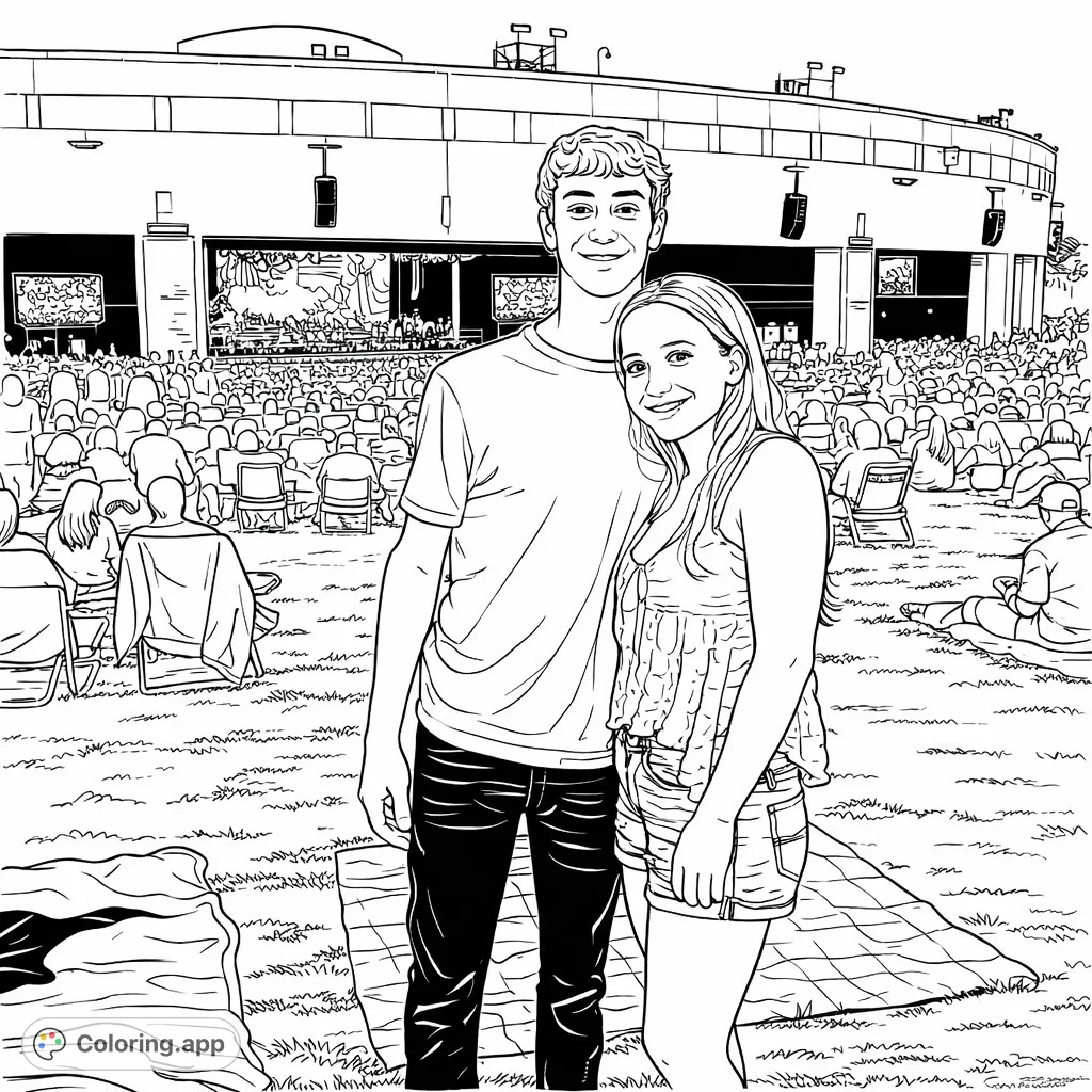 Experience the excitement of a live concert. Color a smiling couple, a lively crowd, and a dynamic stage under a grand architectural backdrop.