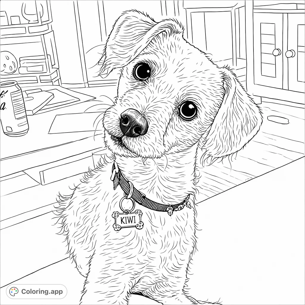 An adorable dog with a curious head tilt, showcasing its fluffy texture and expressive eyes. Perfect for dog lovers to color and bring to life.