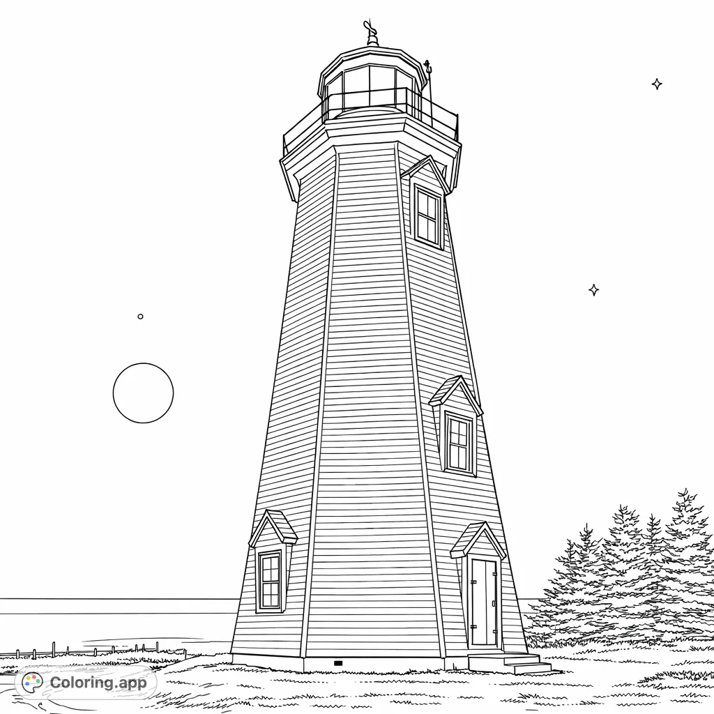A majestic lighthouse stands tall under a moonlit sky, guiding ships with its beam. Features intricate details, a serene coastal scene, and a large celestial body.