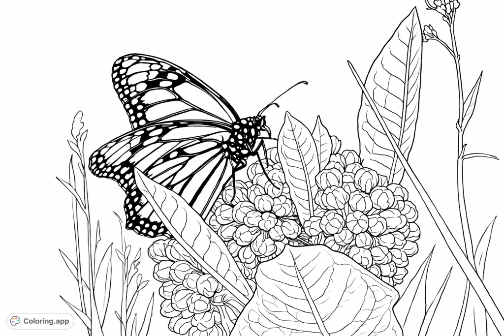 Discover a stunning butterfly with detailed wings resting on a cluster of plant buds amidst lush foliage. A beautiful nature scene for coloring.