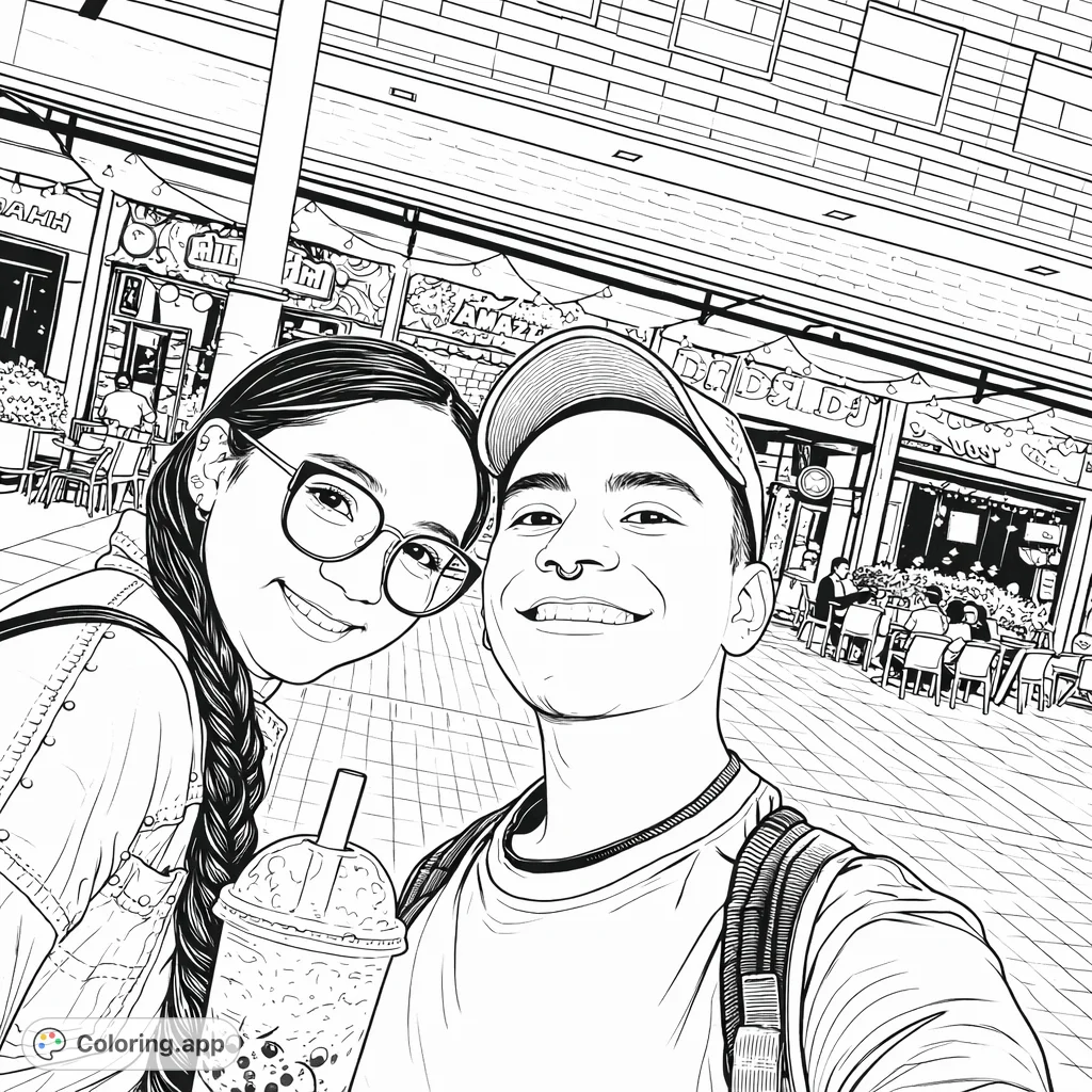 Capture a cheerful urban moment with two friends smiling for a selfie, featuring storefronts, outdoor cafes, and a refreshing beverage. Perfect for personalizing!