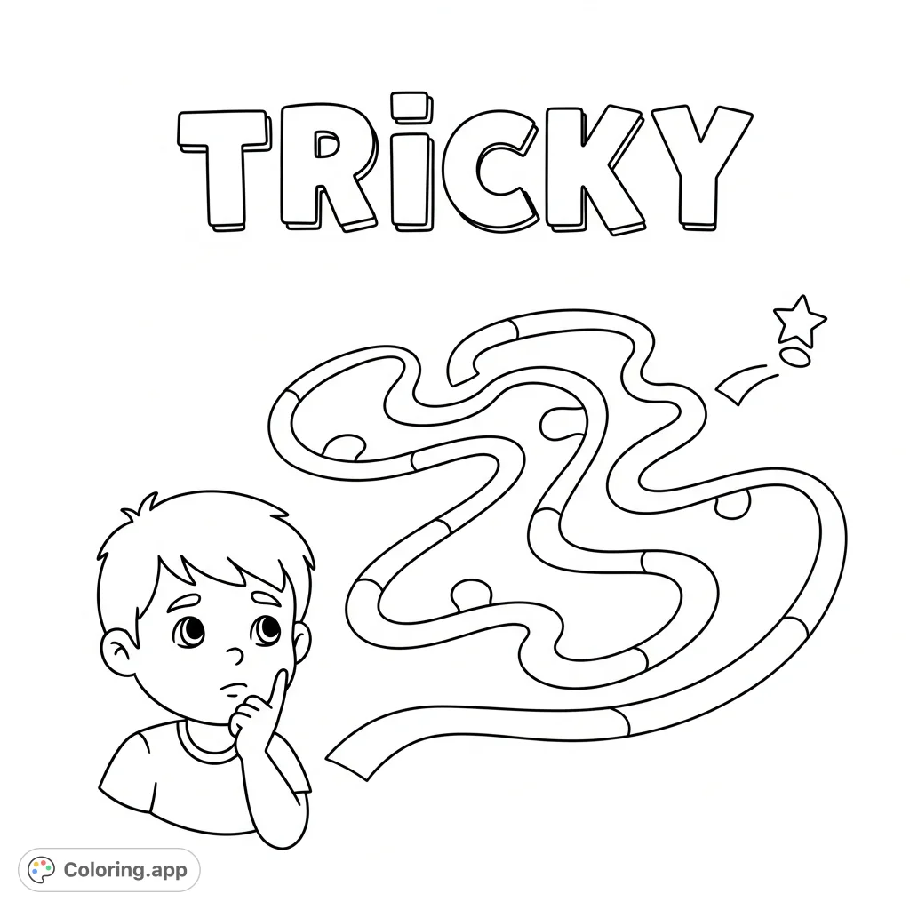 A fun, simple coloring page illustrating the concept of 'tricky' with a child pondering a maze and the word 'tricky' to color.