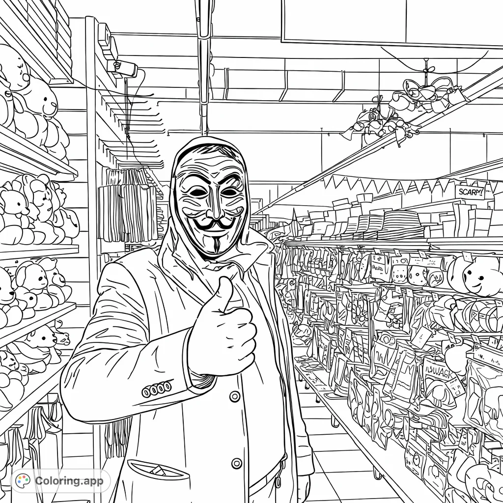 Color a mysterious masked figure giving a thumbs up amidst a vibrant store aisle filled with toys, party supplies, and an array of unique items.