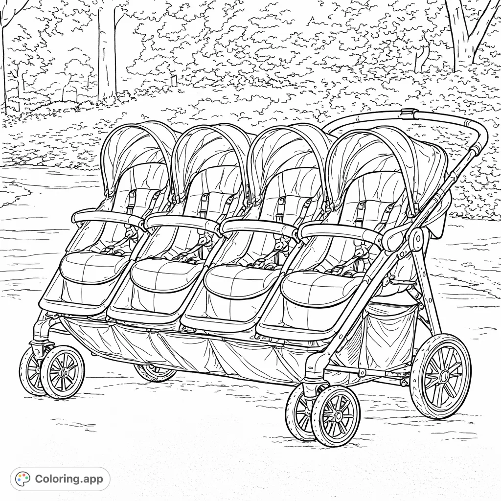 Capture the joy of a quadruple stroller adventure! This free printable features a multi-seat baby transport on a winding park path, ready for your creative touch.