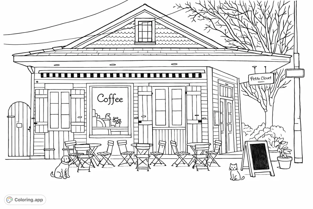 Discover a charming cafe coloring page with outdoor seating and playful pet companions. A delightful, simple free printable coloring page, perfect for kids and adults.
