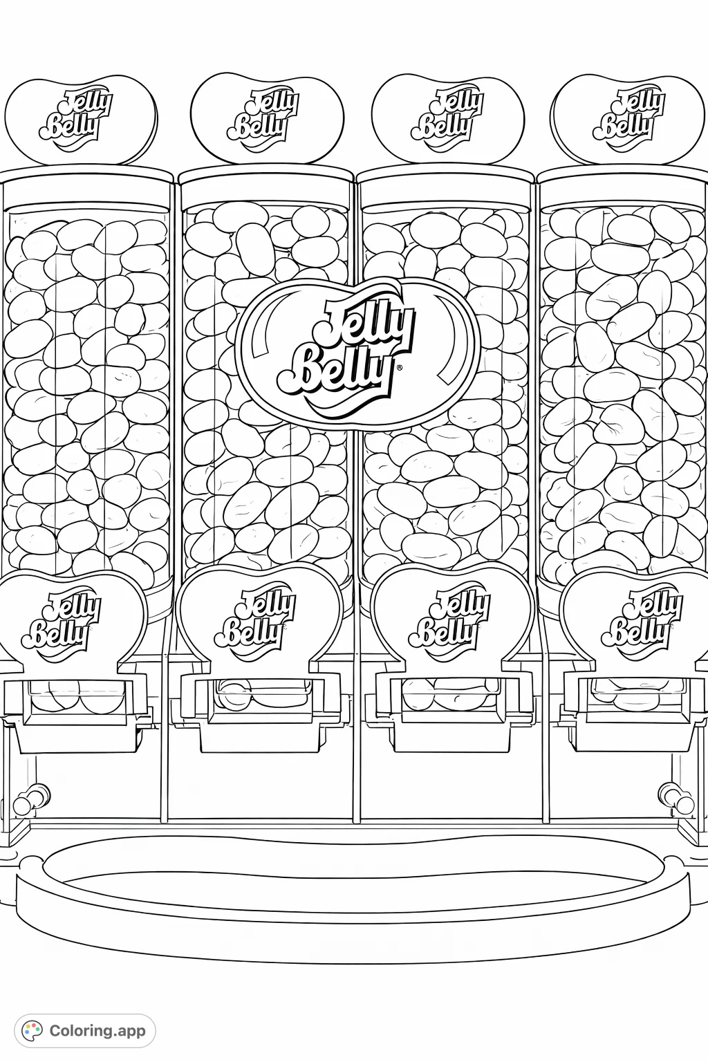 A fun candy dispenser featuring four tall containers brimming with oval jelly beans, ready for a burst of imaginative coloring.