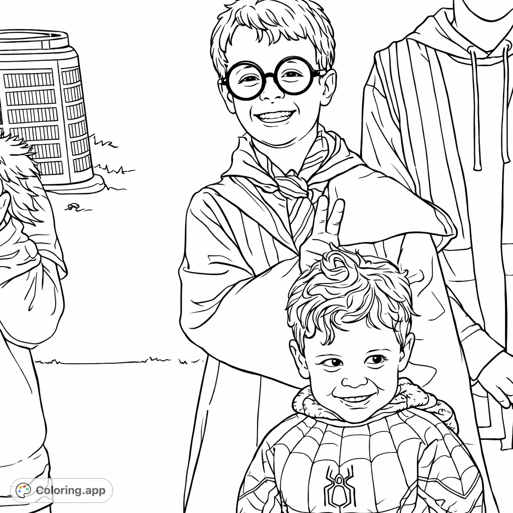 Two smiling boys in fun costumes, one a wizard with round glasses and the other a superhero, ready for adventure on this engaging coloring page.