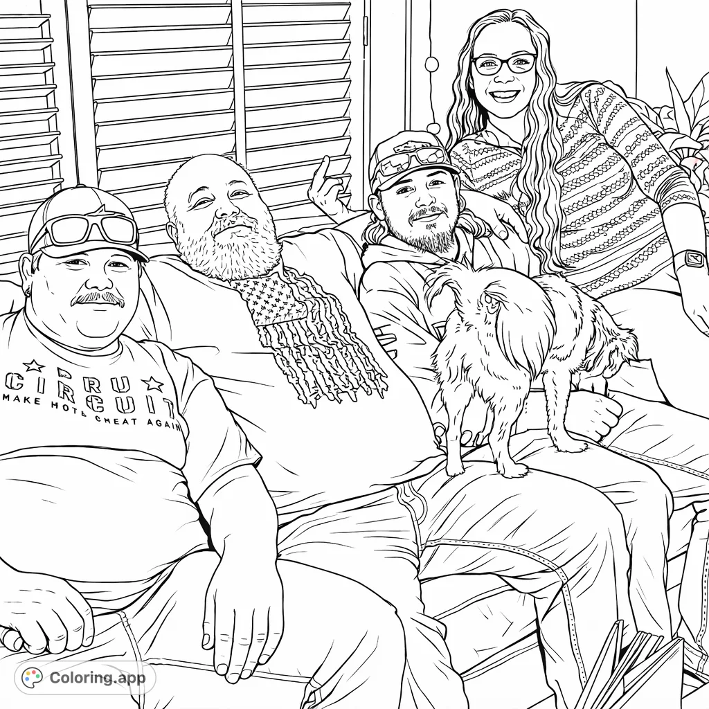 A heartwarming scene of four individuals and a fluffy dog relaxing together on a cozy sofa, perfect for personalizing with your favorite hues.