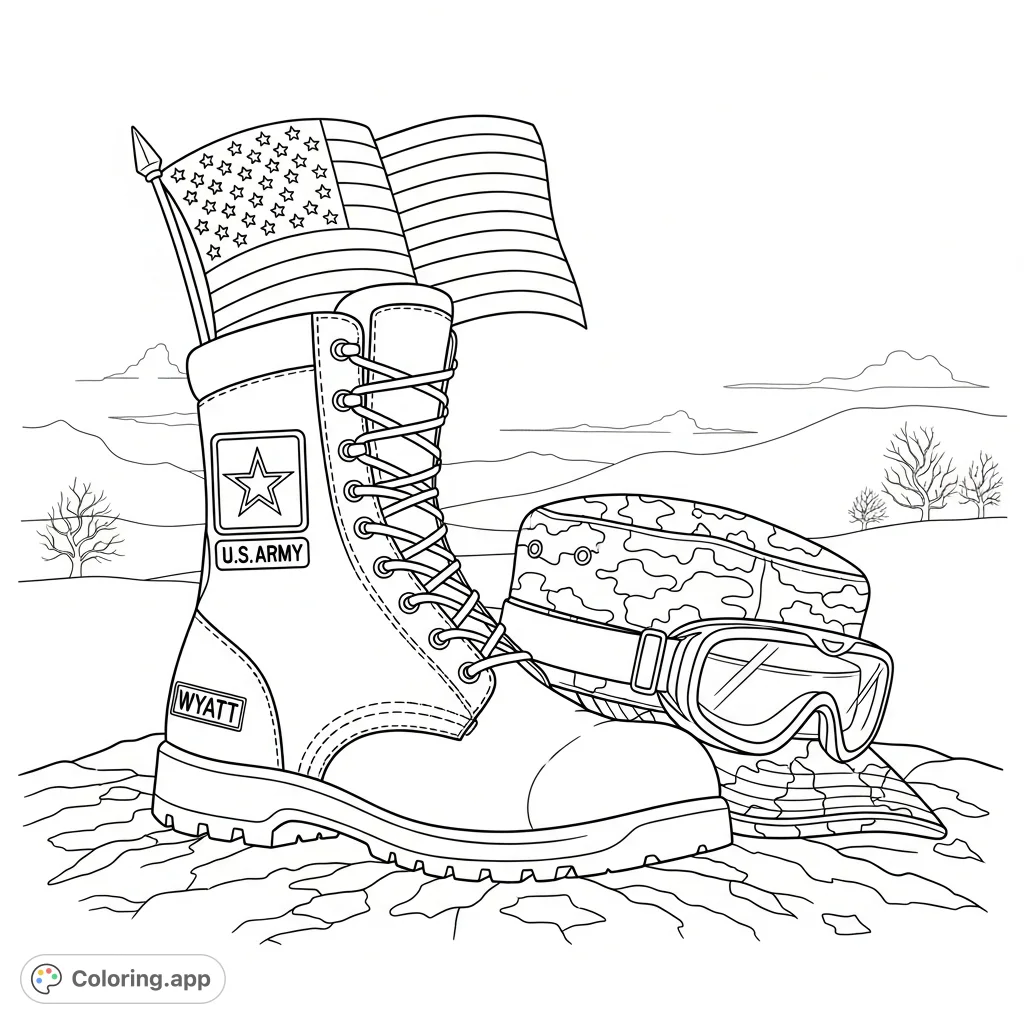 A detailed military combat boot and hat rest on rugged ground, alongside a flag. S.
