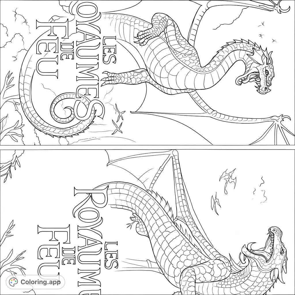 Unleash your creativity with this detailed fantasy dragon coloring page, featuring majestic dragons and captivating backgrounds.