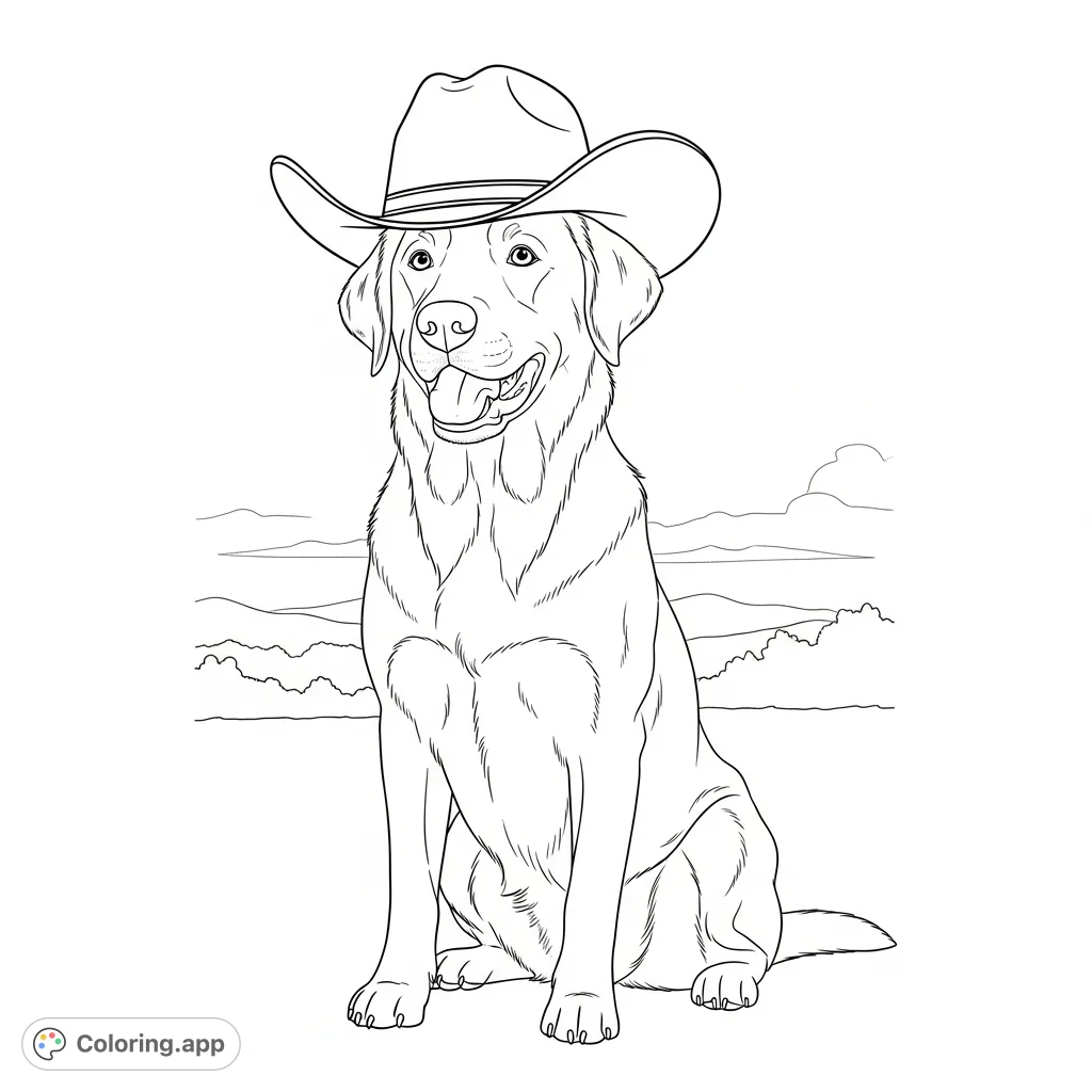 A delightful cowboy dog coloring page featuring a cheerful dog in a classic Western hat, ready for adventure. Perfect for all ages.