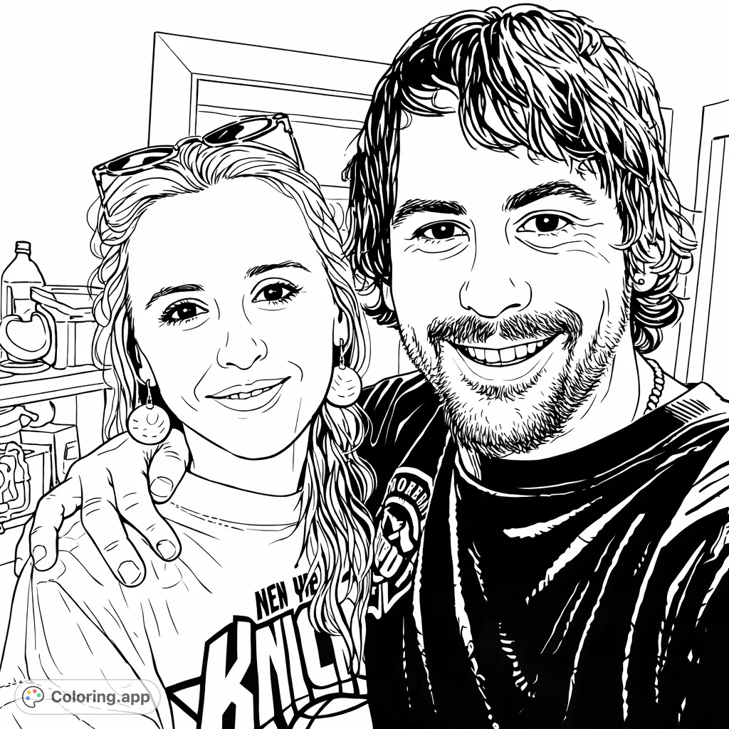 A heartwarming portrait of two smiling individuals, perfect for personalizing with your favorite shades. Features a woman with unique earrings and a man with a beard.