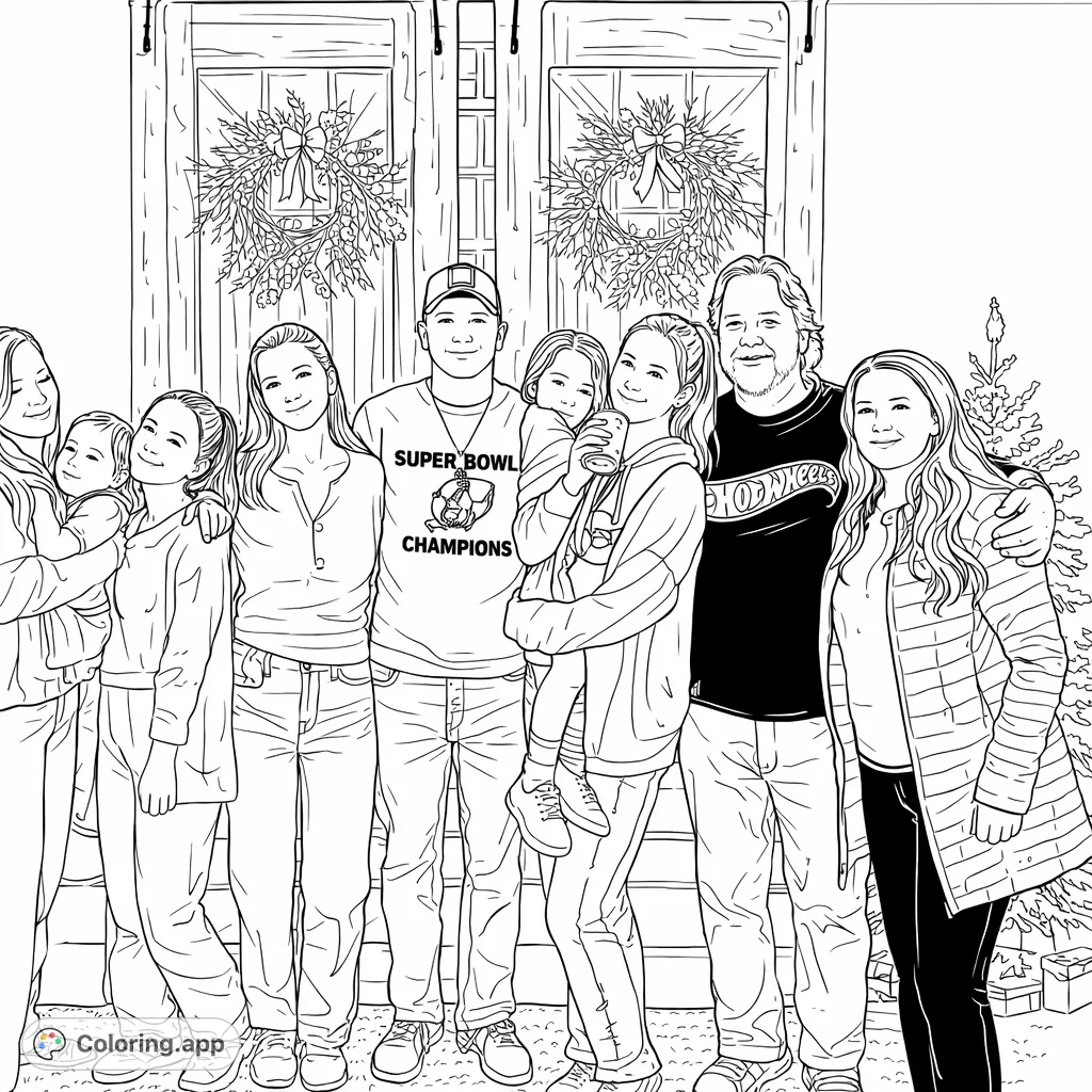 A heartwarming family gathering featuring multiple generations posed together, with rustic decor and a festive tree, perfect for a cozy coloring experience.