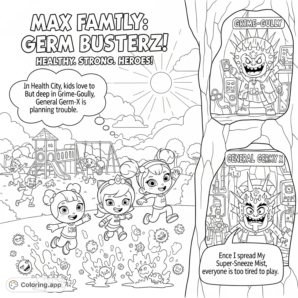 Join Nuri, Maxim, and Zincie as they battle germs above a lively park, while General Germ-X schemes in his Grime-Gully hideout. A heroic coloring page!
