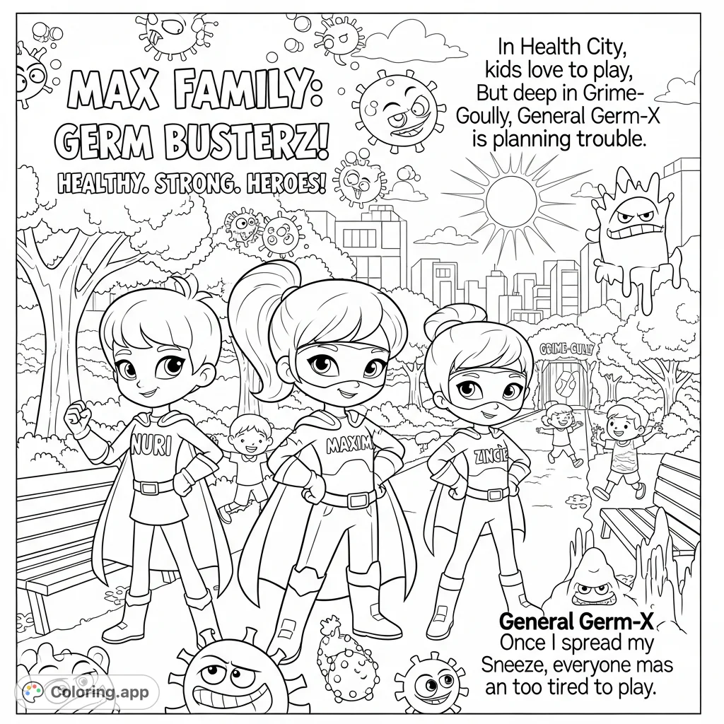 Join Nuri, Maxim, and Zincie in a vibrant city park as they prepare to battle General Germ-X. A fun, action-packed Max Family coloring page!