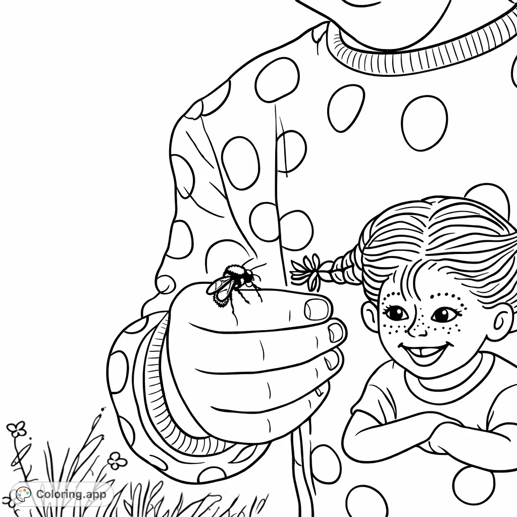 Discover a charming scene: a child's hand gently holds a bumblebee, set against a fun polka-dot top with a cheerful cartoon character. A delightful nature encounter!