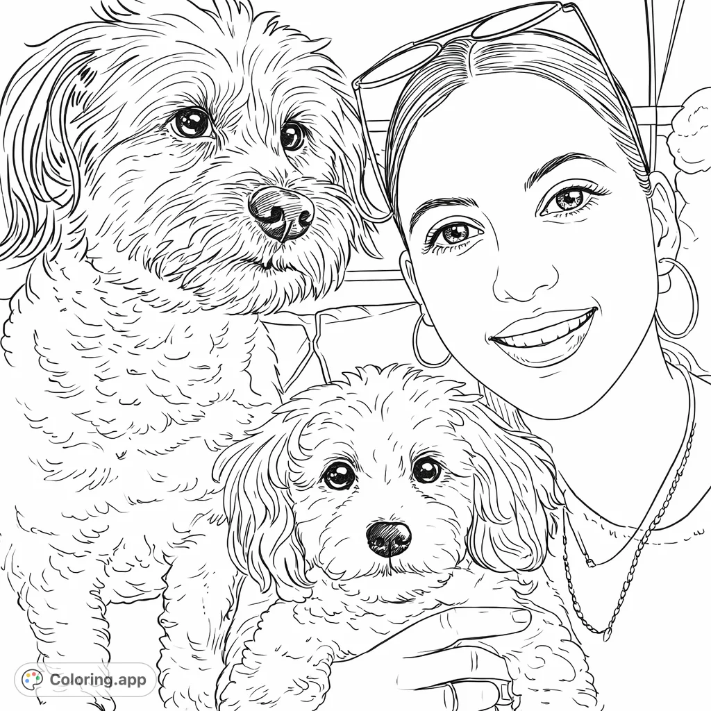 A heartwarming portrait of a smiling woman posing with her two beloved canine companions, a shaggy dog and a fluffy puppy, in a cozy setting.