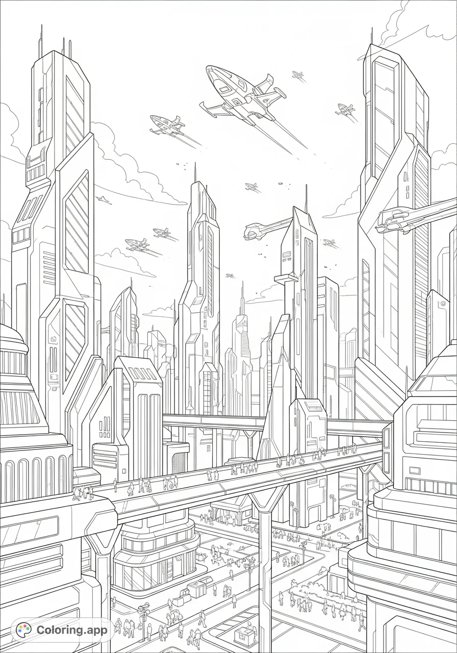 Explore a captivating futuristic cityscape with towering skyscrapers, flying vehicles, and bustling streets. Perfect for imaginative minds to bring to life with vibrant hues.