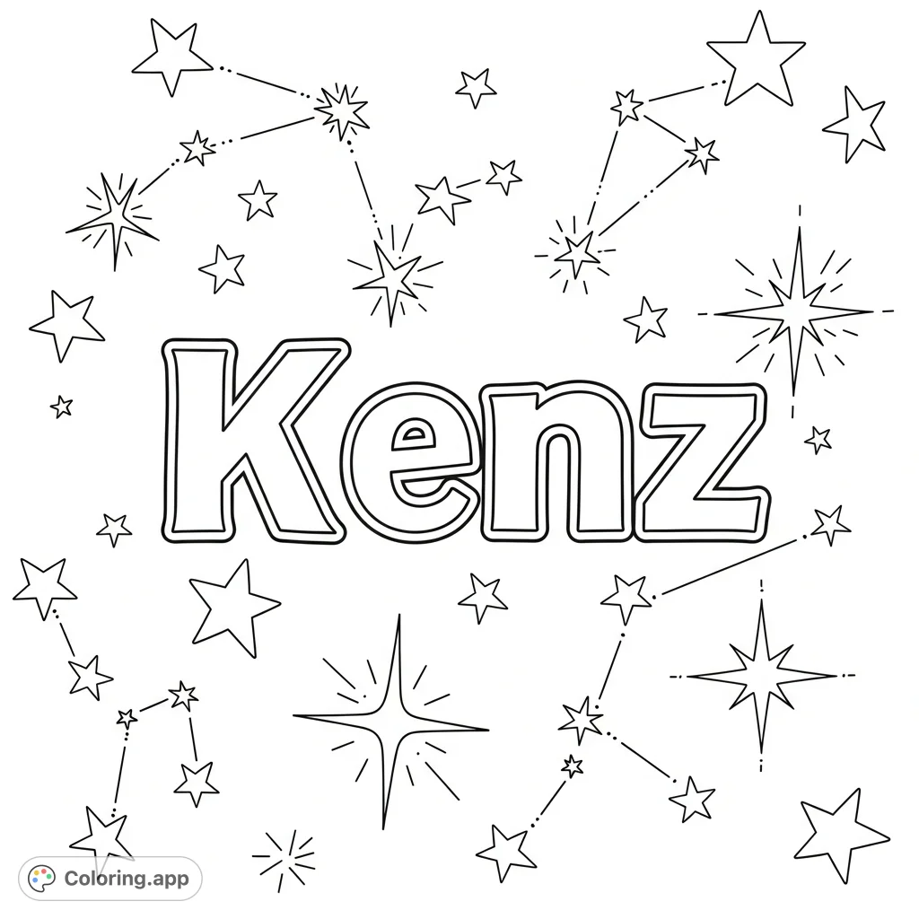 A personalized Kenz coloring page featuring the name in a bold typeface surrounded by a galaxy of scattered stars, offering creative fun for all ages.