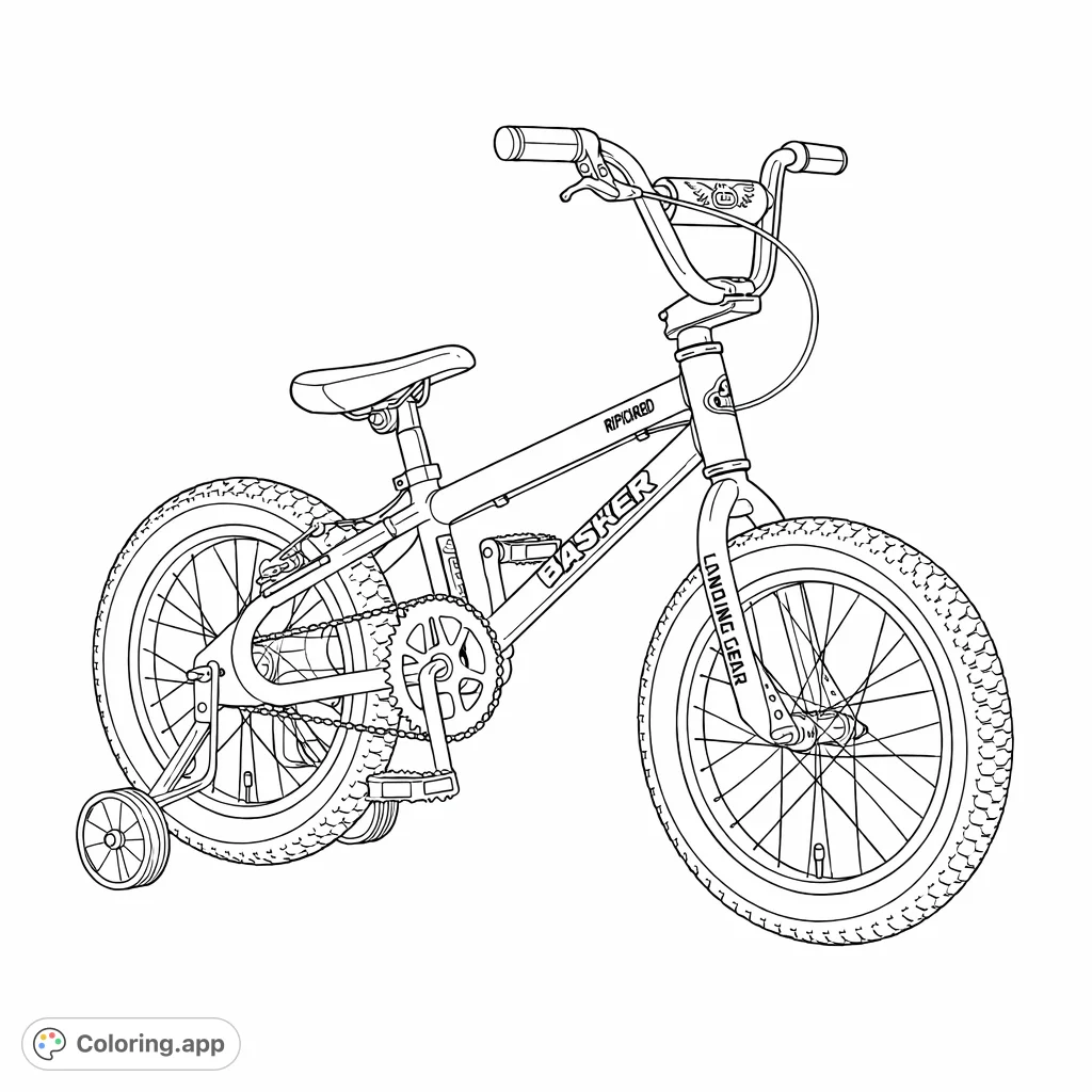 A detailed bicycle with training wheels, ready for adventure! Perfect for coloring enthusiasts to personalize every spoke, pedal, and tire.
