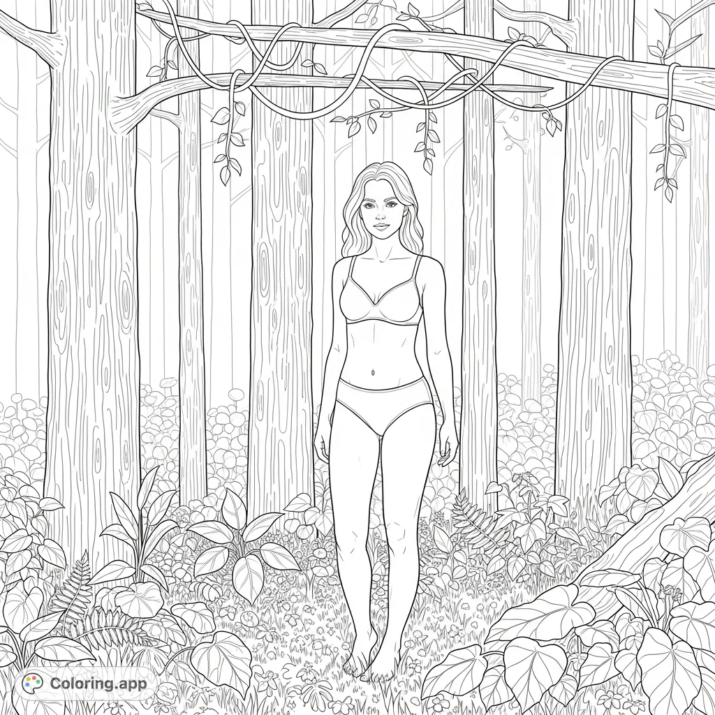 A captivating adult coloring page featuring a young woman in minimal attire amidst a detailed forest, perfect for mindful coloring and creative expression.