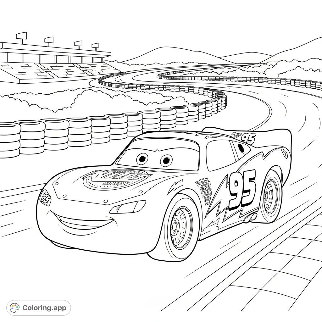 A dynamic Lightning McQueen coloring page featuring the iconic race car speeding on a winding track. Perfect for fans of all ages to customize!
