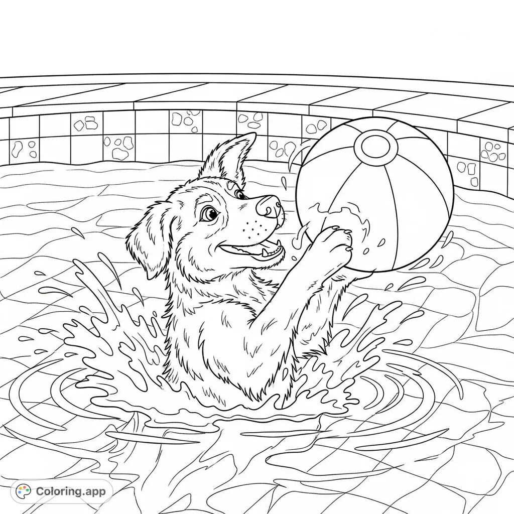 A joyful dog plays with a striped beach ball in a refreshing pool, creating playful splashes. Perfect for dog lovers and a fun, active scene.