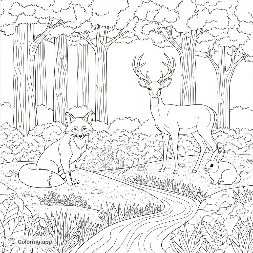 A peaceful forest scene with a vigilant fox, graceful deer, and small rabbit. Enjoy coloring nature's tranquility amidst trees and a winding stream.