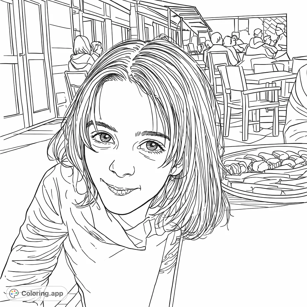 A charming coloring page featuring a young person enjoying an outdoor meal on a sunny terrace, complete with a plate of sausages and fries, set against a lively background.
