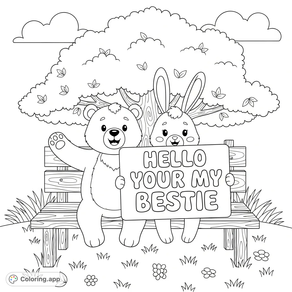 A heartwarming bestie coloring page featuring a bear and rabbit on a bench with a 'HELLO YOUR MY BESTIE' sign. Perfect for celebrating friendship.