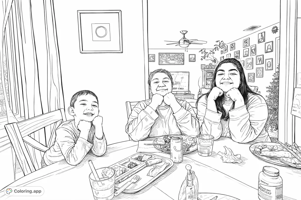 A heartwarming family meal scene, capturing three generations smiling and connecting at a dining table filled with various dishes and a lively home background.