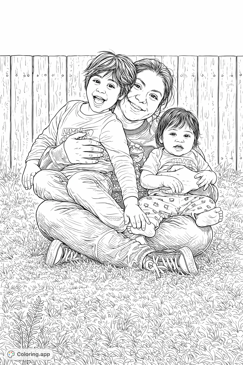 Capture the warmth of a family moment with this happy family outdoor portrait. An adult embraces two smiling children on grassy ground, with a fence backdrop.