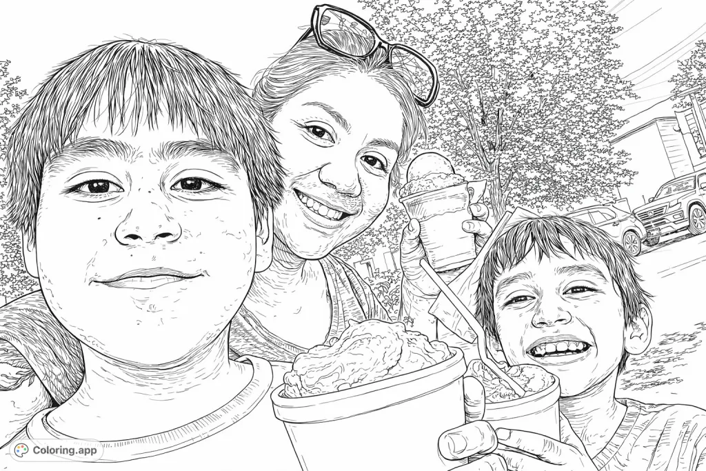 Capture a joyful moment with an adult and two children enjoying delicious frozen treats on a sunny day. This highly detailed coloring page is a free printable.