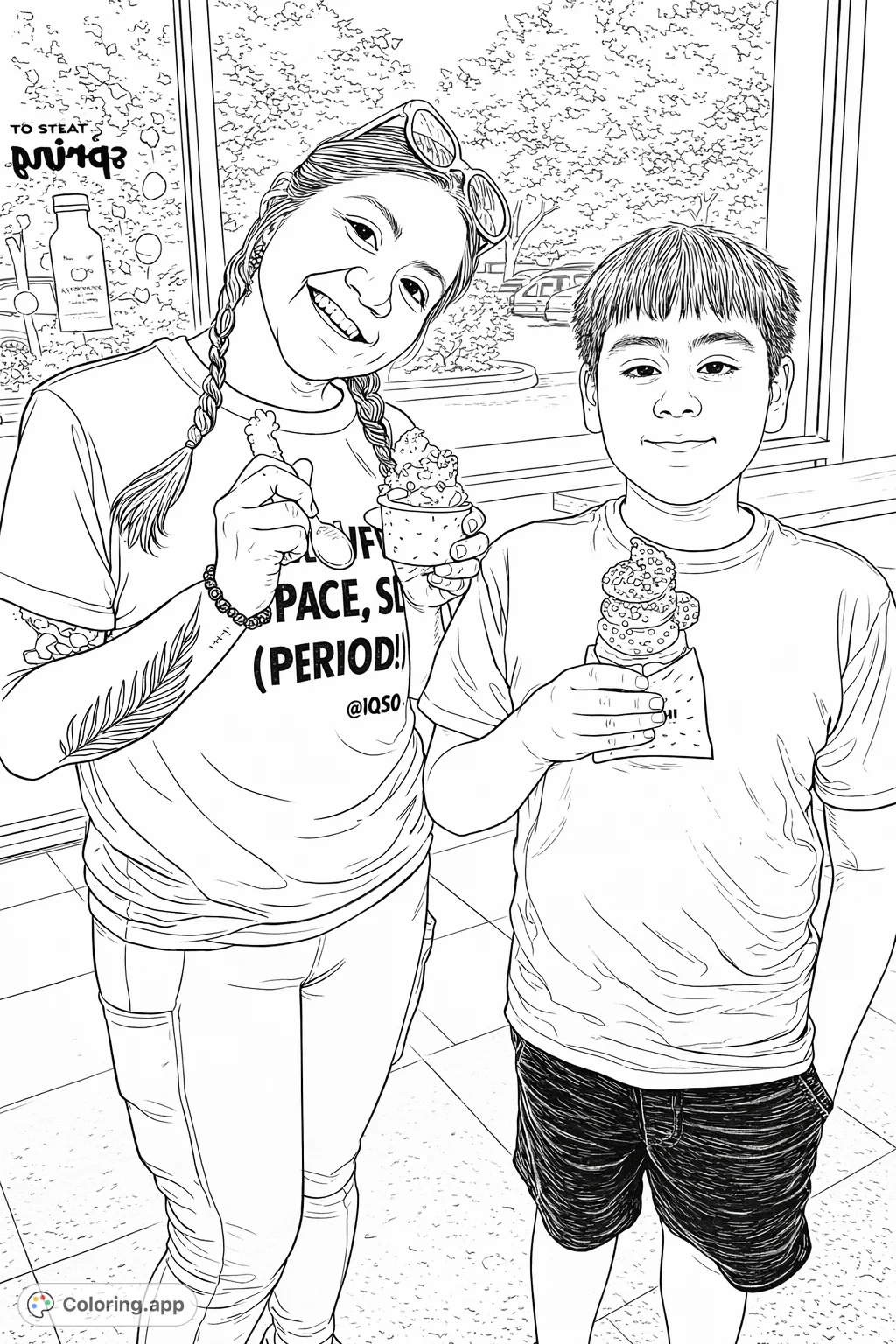 Enjoy a delightful frozen treats coloring page featuring two happy individuals. This intricate design offers many elements to bring to life with your chosen colors.