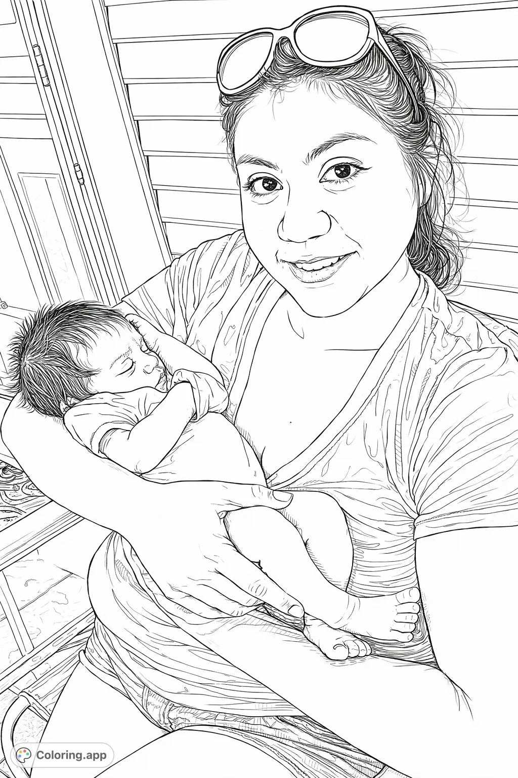 Capture a heartwarming moment of a mother cradling her peacefully sleeping newborn. This highly detailed coloring page celebrates new beginnings and maternal love.